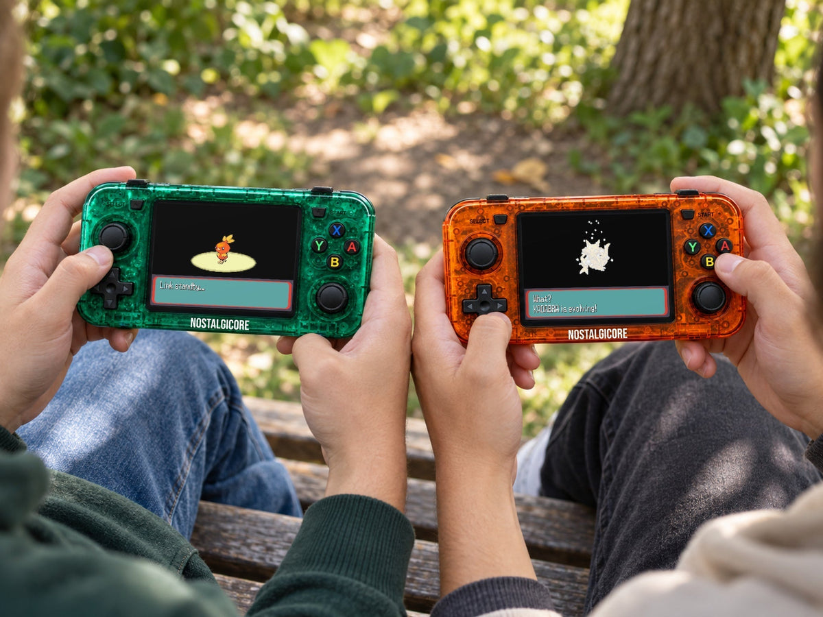 Green and orange Horizon consoles trading in a park