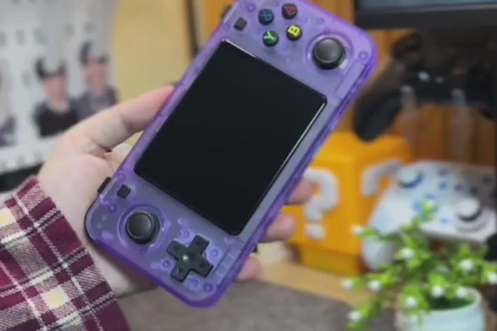 Purple RetroLab Horizon handheld console held in hand